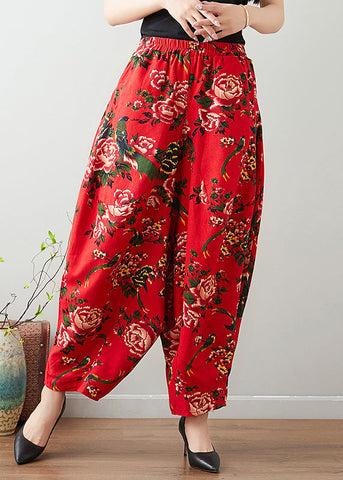 Handmade Red Print Cozy Waist Wide Pants TQ1011