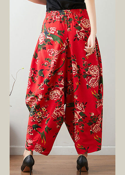 Handmade Red Print Cozy Waist Wide Pants TQ1011