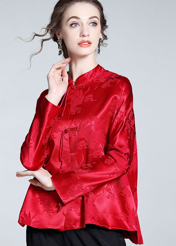Handmade Red Tasseled Chinese Button Jacquard Patchwork Silk Shirts Spring LY0985