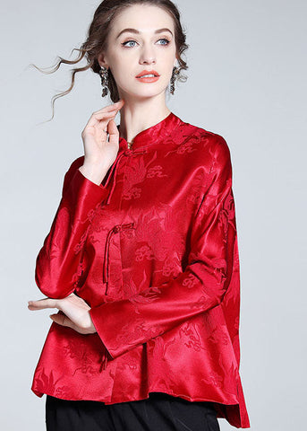Handmade Red Tasseled Chinese Button Jacquard Patchwork Silk Shirts Spring LY0985