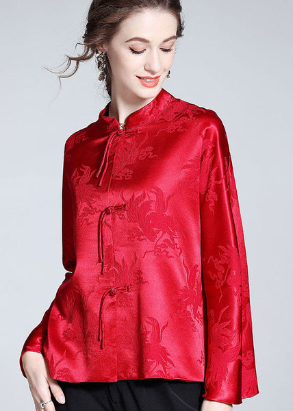 Handmade Red Tasseled Chinese Button Jacquard Patchwork Silk Shirts Spring LY0985