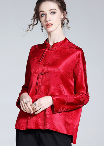 Handmade Red Tasseled Chinese Button Jacquard Patchwork Silk Shirts Spring LY0985