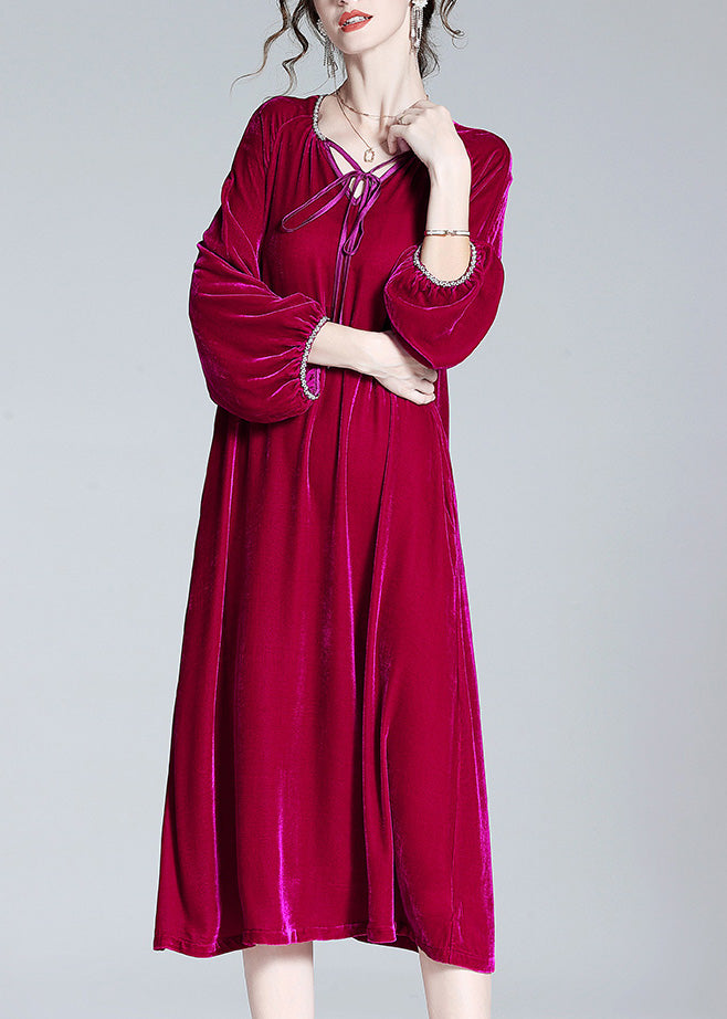 Handmade Red V Neck Neck Tie Solid Velour Maxi Dress Spring LY1030