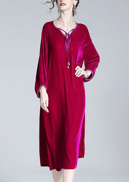 Handmade Red V Neck Neck Tie Solid Velour Maxi Dress Spring LY1030