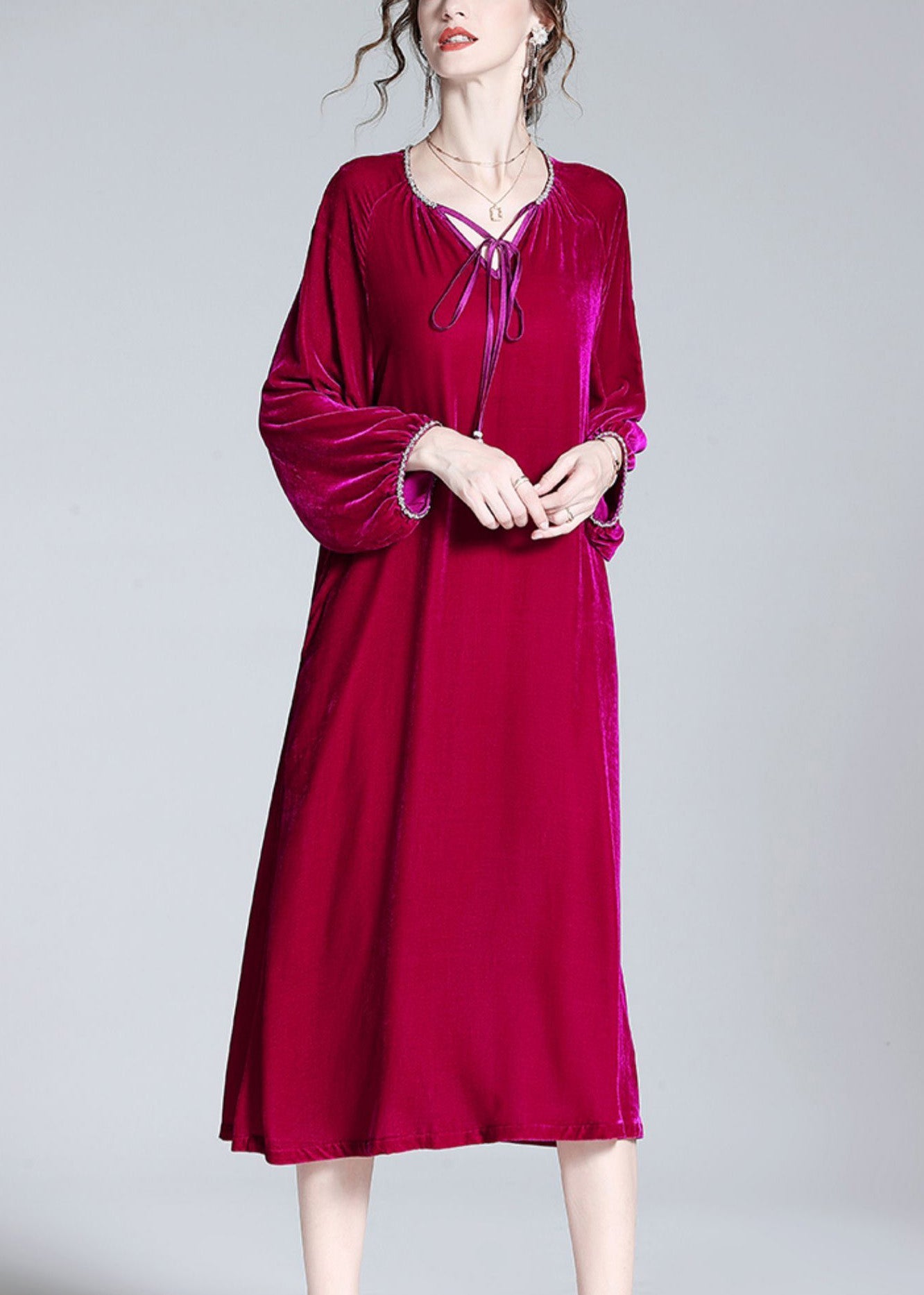 Handmade Red V Neck Neck Tie Solid Velour Maxi Dress Spring LY1030