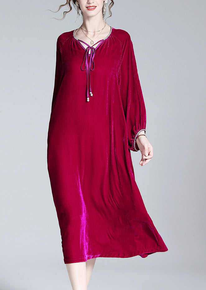 Handmade Red V Neck Neck Tie Solid Velour Maxi Dress Spring LY1030