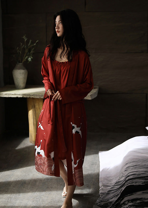 Handmade Red V Neck Print Tie Waist Ice Silk Robe And Vest Two Piece Set Spring LY1887