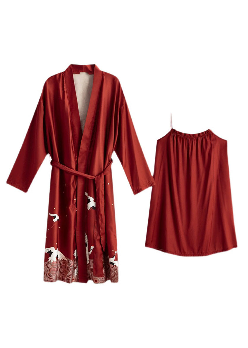 Handmade Red V Neck Print Tie Waist Ice Silk Robe And Vest Two Piece Set Spring LY1887