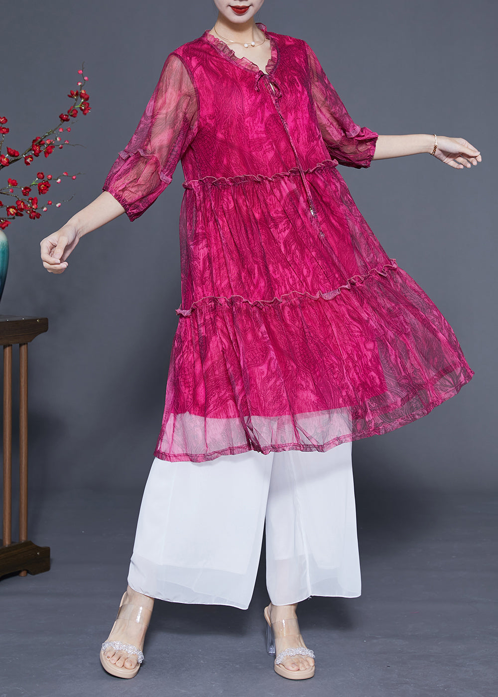 Handmade Rose Ruffled Exra Large Hem Chiffon Party Dress Half Sleeve LC0429