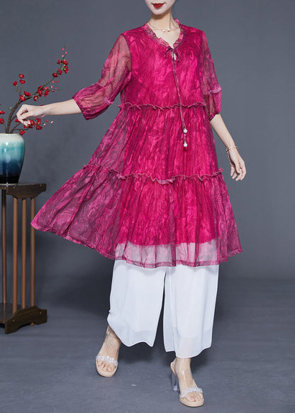 Handmade Rose Ruffled Exra Large Hem Chiffon Party Dress Half Sleeve LY1085