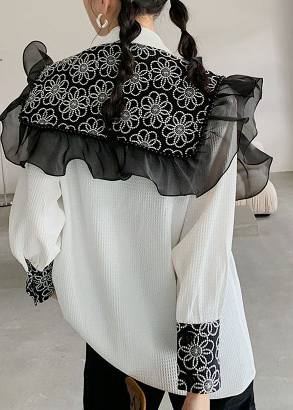 Handmade White Embroideried Tulle Ruffled Patchwork Cotton Two Piece Set Spring LY0773