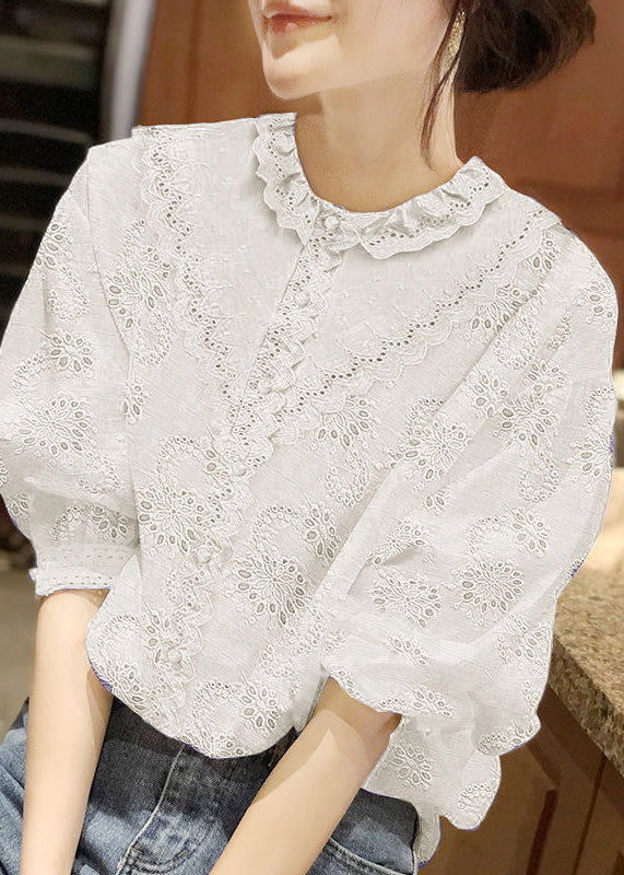 Handmade White O-Neck Button Lace Shirt Half Sleeve LY0356
