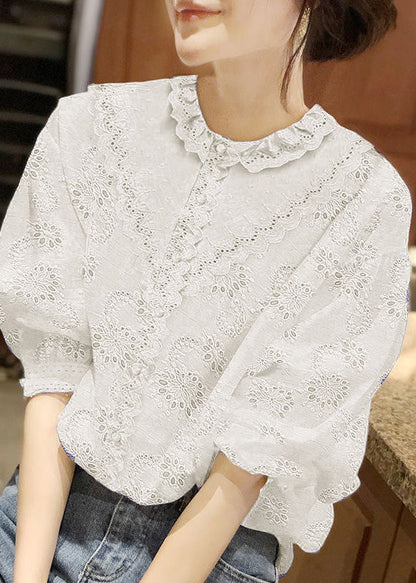 Handmade White O-Neck Button Lace Shirt Half Sleeve LY0356