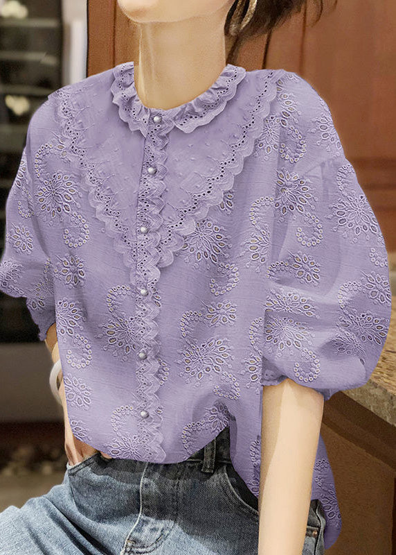 Handmade White O-Neck Button Lace Shirt Half Sleeve LY0356