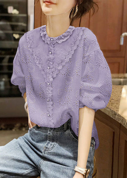 Handmade White O-Neck Button Lace Shirt Half Sleeve LY0356