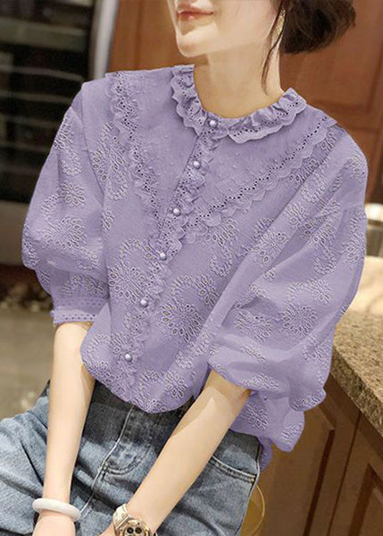 Chemise blanche à col rond et manches courtes en dentelle, faite main (LY0356)