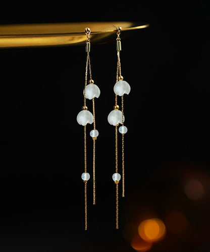 Handmade White Sterling Silver Inlaid Gem Stone Tassel Drop Earrings TW1053