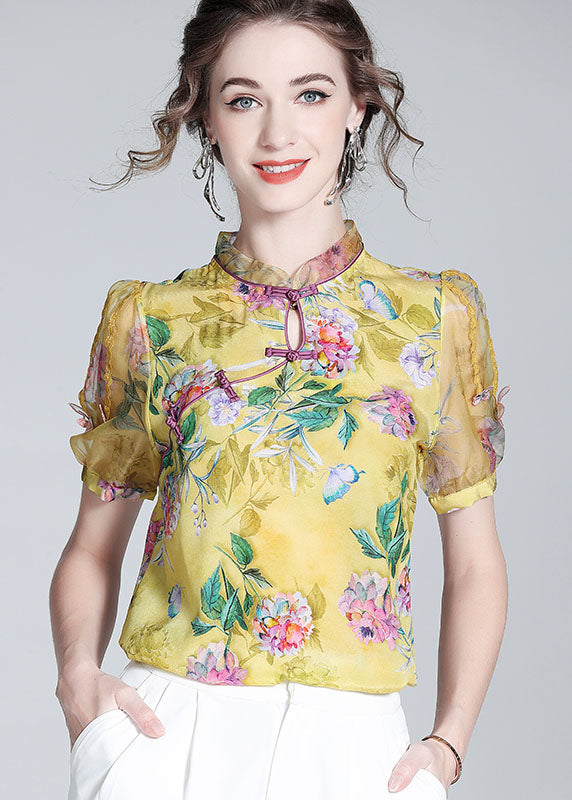 Handmade Yellow Chinese Button Patchwork Print Silk Tops Summer LY0149