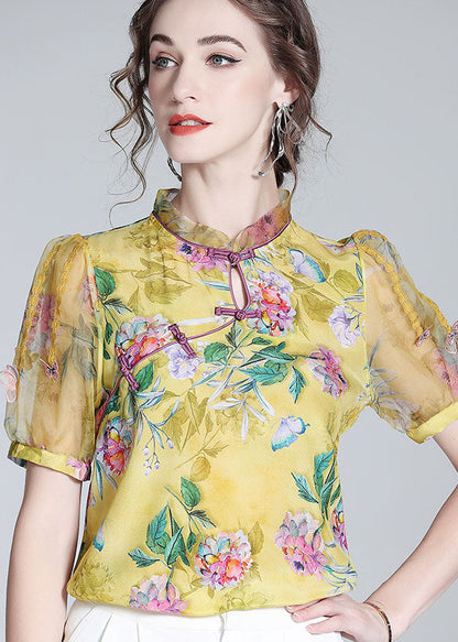 Handmade Yellow Chinese Button Patchwork Print Silk Tops Summer LY0149