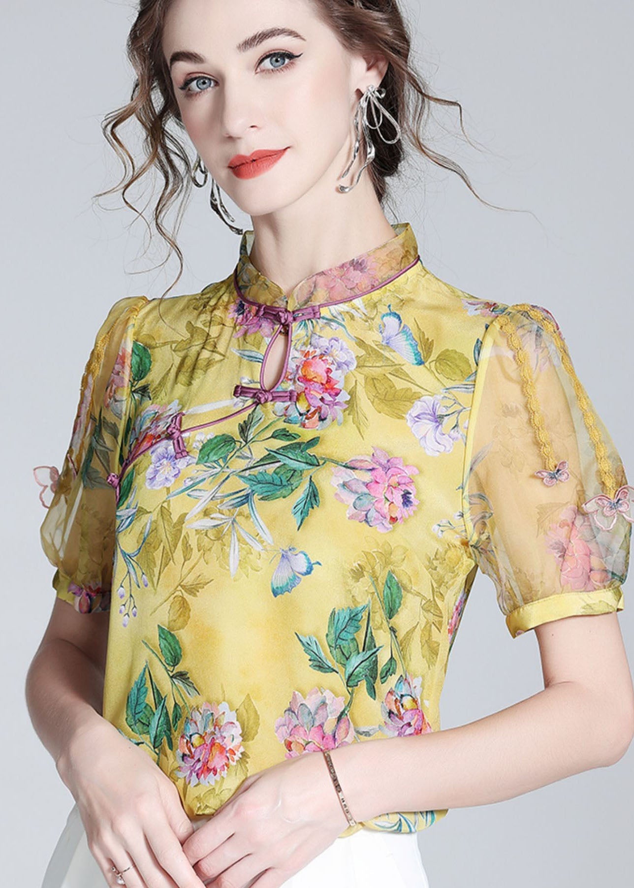 Handmade Yellow Chinese Button Patchwork Print Silk Tops Summer LY0149