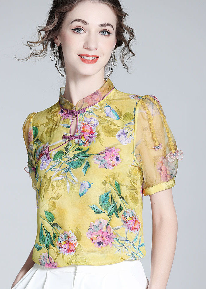 Handmade Yellow Chinese Button Patchwork Print Silk Tops Summer LY0149