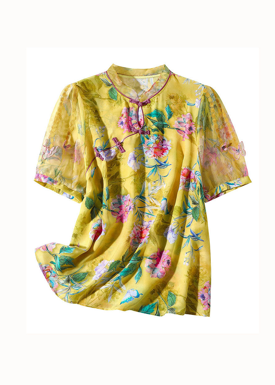 Handmade Yellow Chinese Button Patchwork Print Silk Tops Summer LY0149