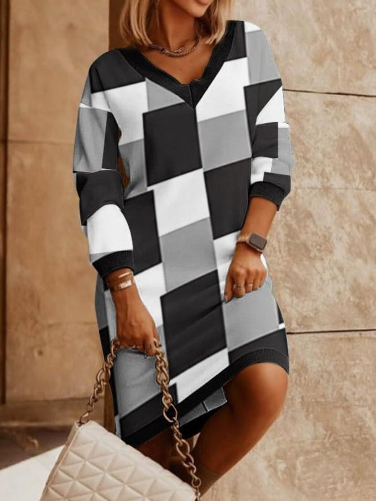 Plus Size V Neck Plaid Print Dress AC2038