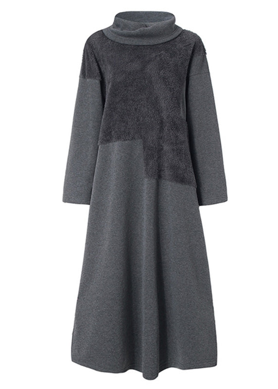 High Neck Grey Plush Panel Long Sleeved Dress Spring LC0048