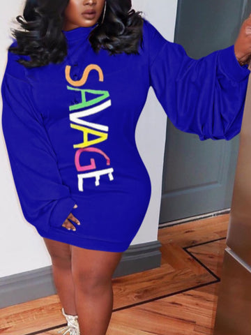 Pattern Print Letter Long Sleeve Mini Dress AR8040