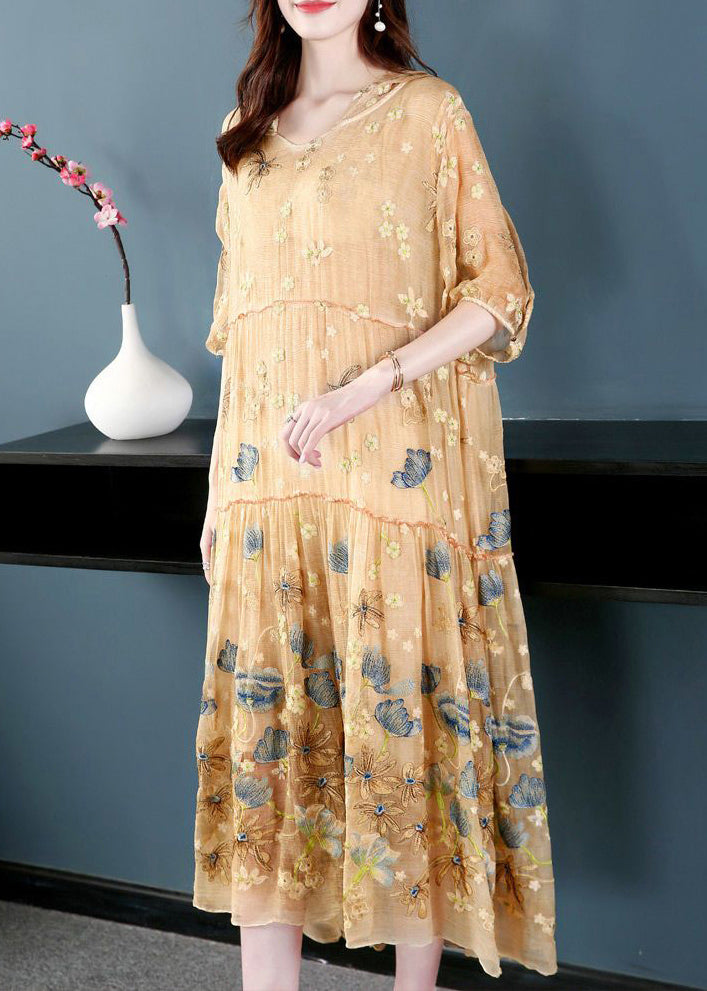 Italian Apricot Embroidered Hooded Extra Large Hem Silk Maxi Dresses Summer LY0734