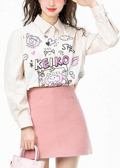 Italian Apricot Peter Pan Collar Print Button Cotton Shirt Long Sleeve LY0808