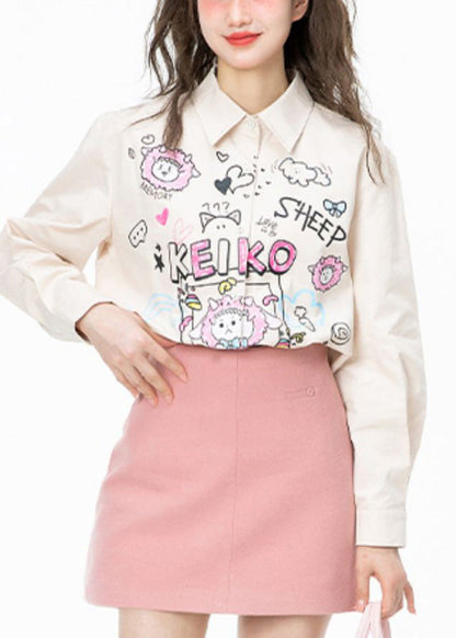 Italian Apricot Peter Pan Collar Print Button Cotton Shirt Long Sleeve LY0808