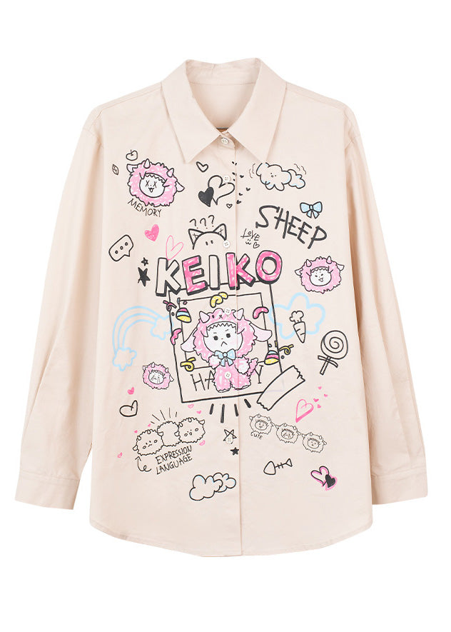 Italian Apricot Peter Pan Collar Print Button Cotton Shirt Long Sleeve LY0808