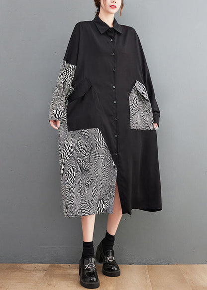 Italian Black Asymmetrical Patchwork Print Cotton Dresses Spring AC2047