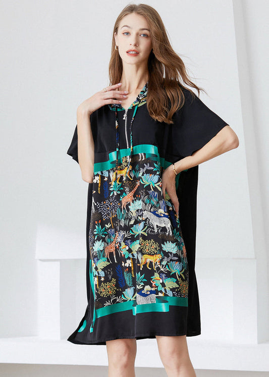 Italian Black Hooded Patchwork Print Chiffon Dress Summer LY0299