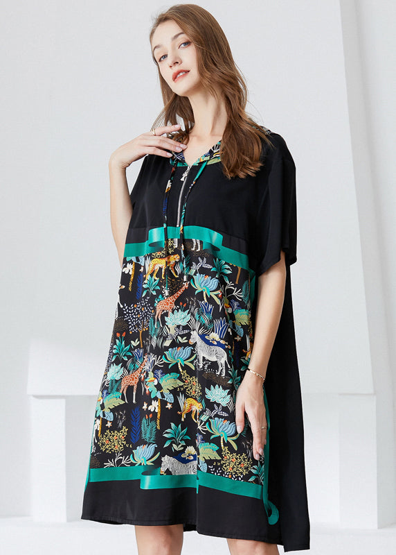 Italian Black Hooded Patchwork Print Chiffon Dress Summer LY0299