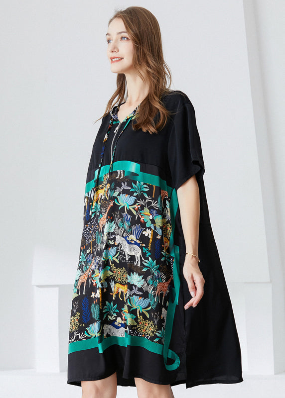 Italian Black Hooded Patchwork Print Chiffon Dress Summer LY0299