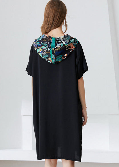 Italian Black Hooded Patchwork Print Chiffon Dress Summer LY0299