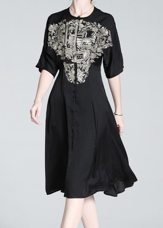 Italian Black O-Neck Embroideried Button Silk Long Dress Summer LY1034