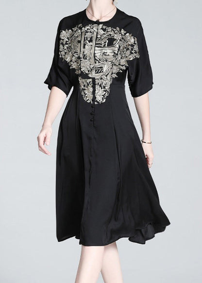 Italian Black O-Neck Embroideried Button Silk Long Dress Summer LY1034