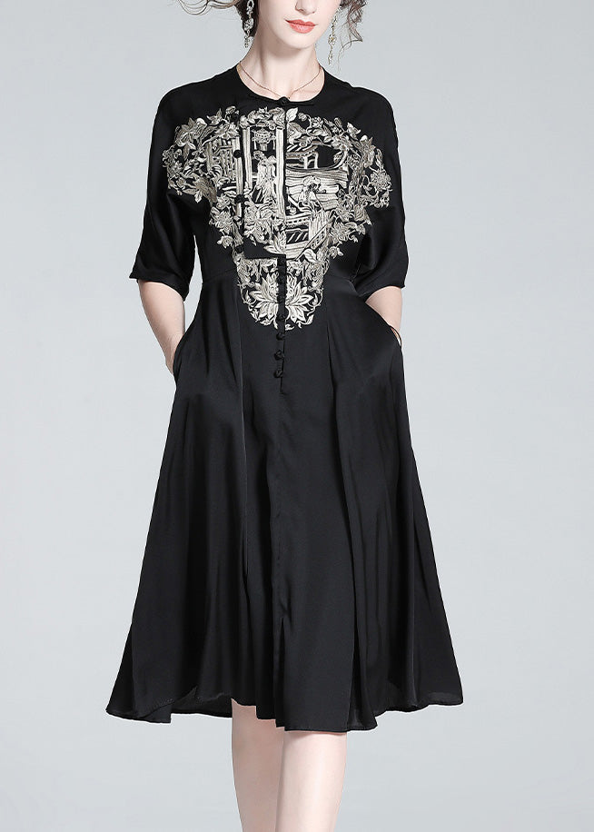 Italian Black O-Neck Embroideried Button Silk Long Dress Summer LY1034