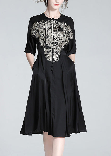 Italian Black O-Neck Embroideried Button Silk Long Dress Summer LY1034