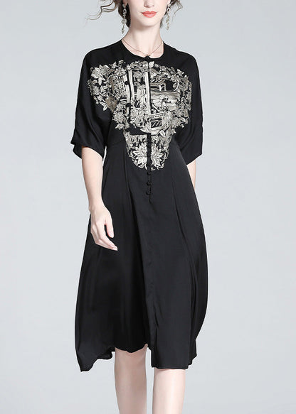 Italian Black O-Neck Embroideried Button Silk Long Dress Summer LY1034