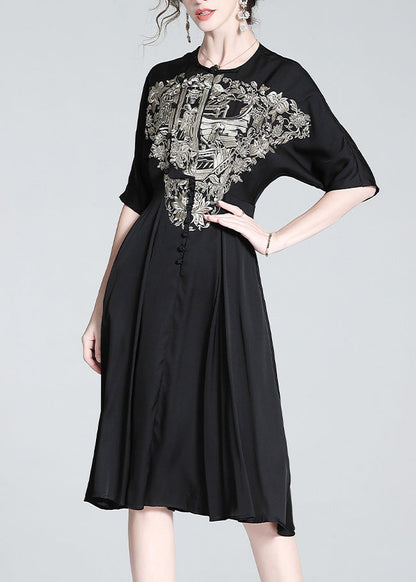 Italian Black O-Neck Embroideried Button Silk Long Dress Summer LY1034