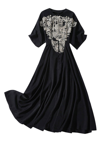 Italian Black O-Neck Embroideried Button Silk Long Dress Summer LY1034