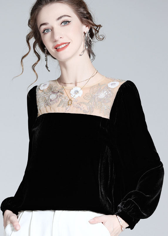 Italian Black O-Neck Nail bead Patchwork Silk Velour T Shirt Spring LY1015