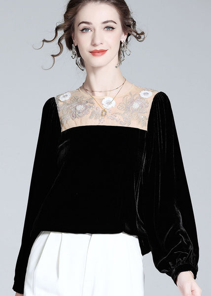 Italian Black O-Neck Nail bead Patchwork Silk Velour T Shirt Spring LY1015