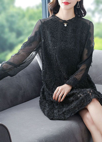 Italian Black O-Neck Patchwork Silk Mid Dress Spring LC0073