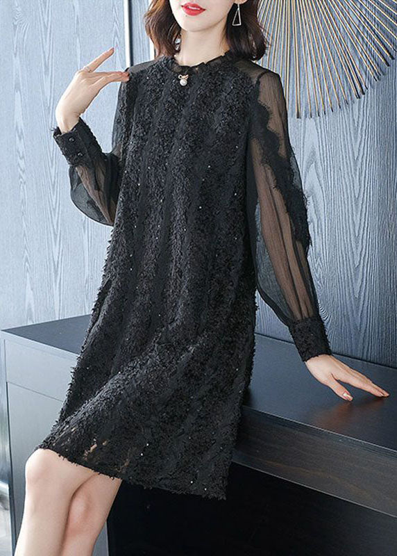 Italian Black O-Neck Patchwork Silk Mid Dress Spring LC0073