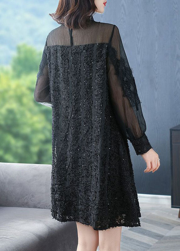 Italian Black O-Neck Patchwork Silk Mid Dress Spring LC0073